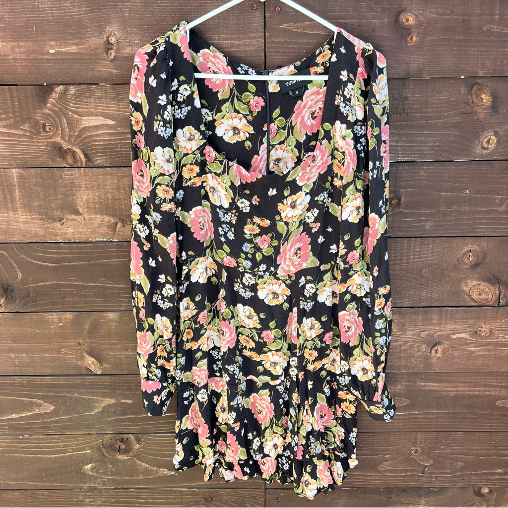 Yumi Kim Floral Print Black Long Sleeve Dress Size 4